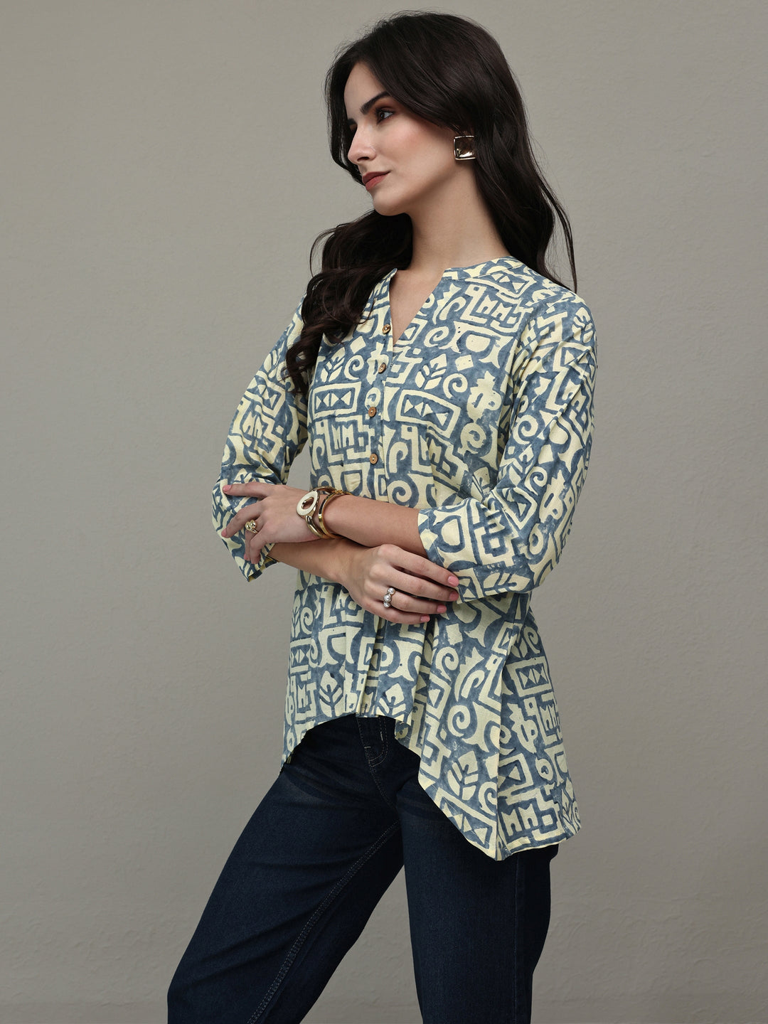  Beige Geometric Printed Cotton A-Line Short Kurti 