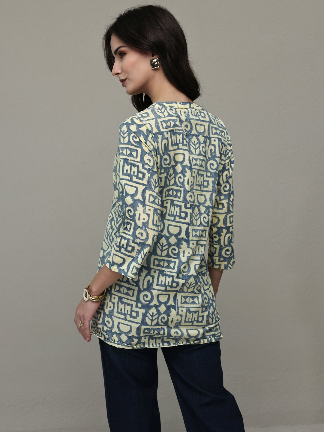  Beige Geometric Printed Cotton A-Line Short Kurti 