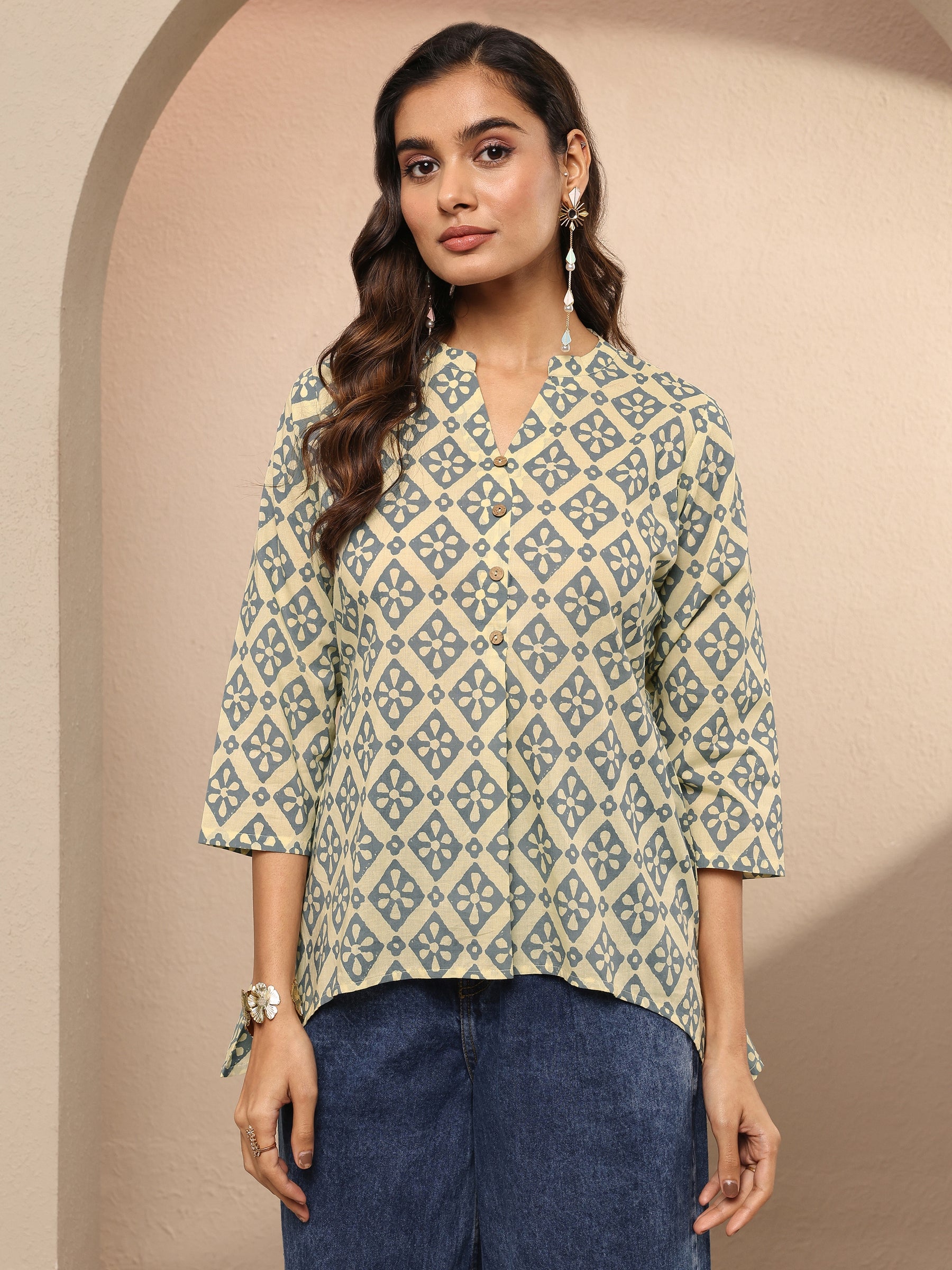 Beige Printed Silk Blend A-Line Kurti