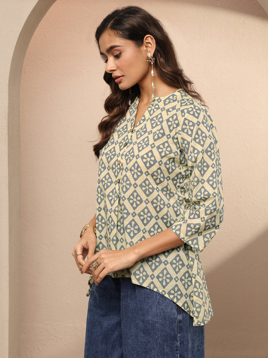  Beige Block Printed Cotton Straight Short Kurti 