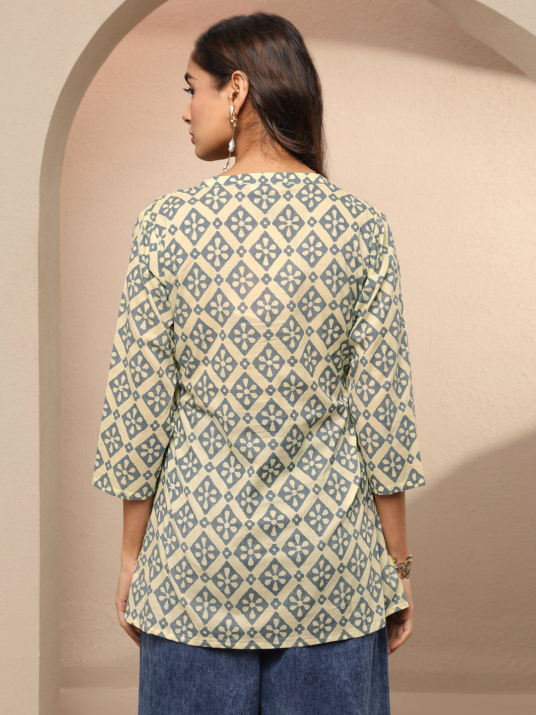  Beige Block Printed Cotton Straight Short Kurti 