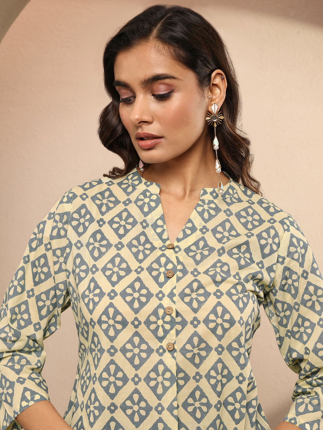  Beige Block Printed Cotton Straight Short Kurti 