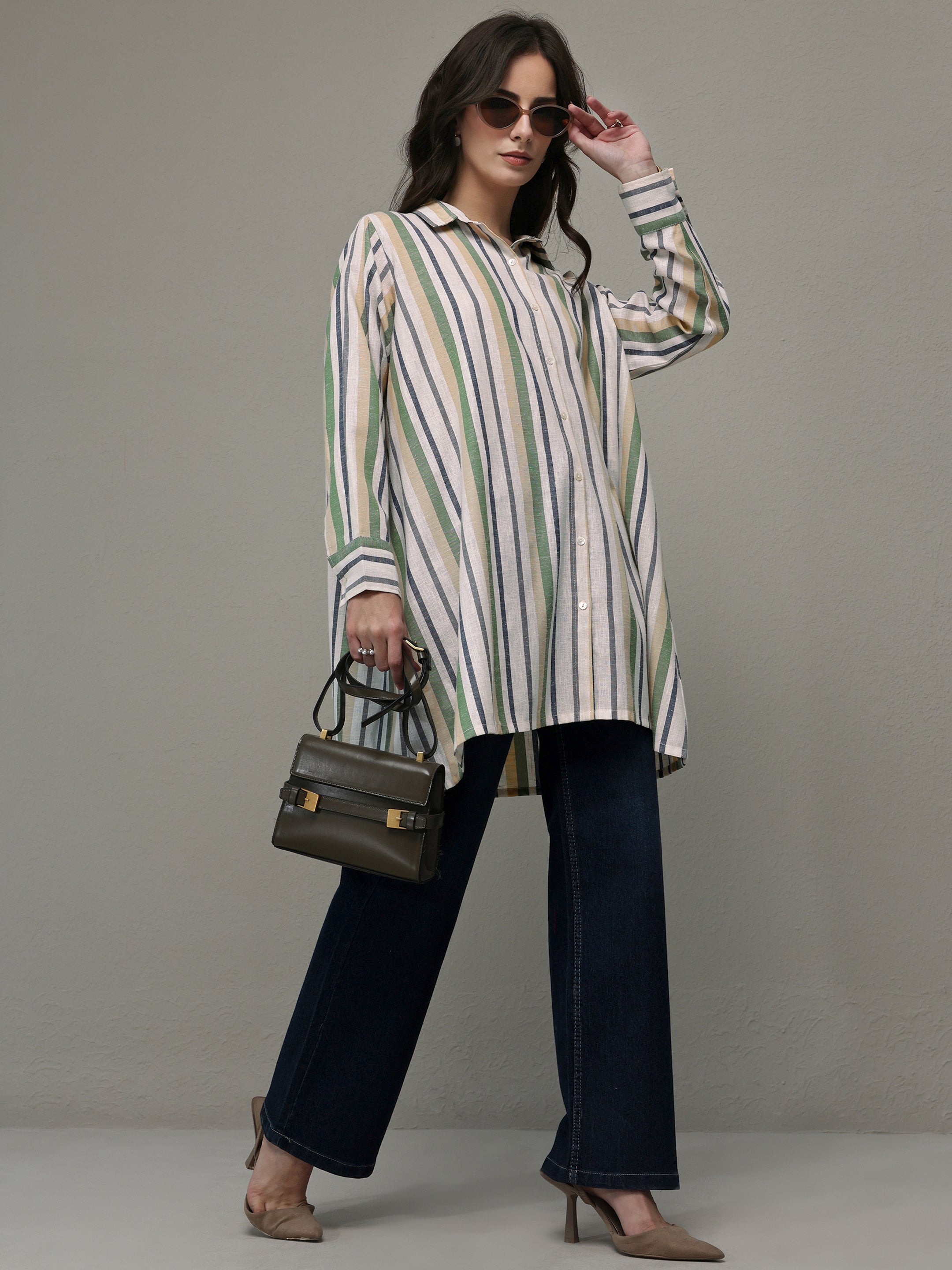 Multi Coloured Striped Printed Cotton Blend Shirt-image-13