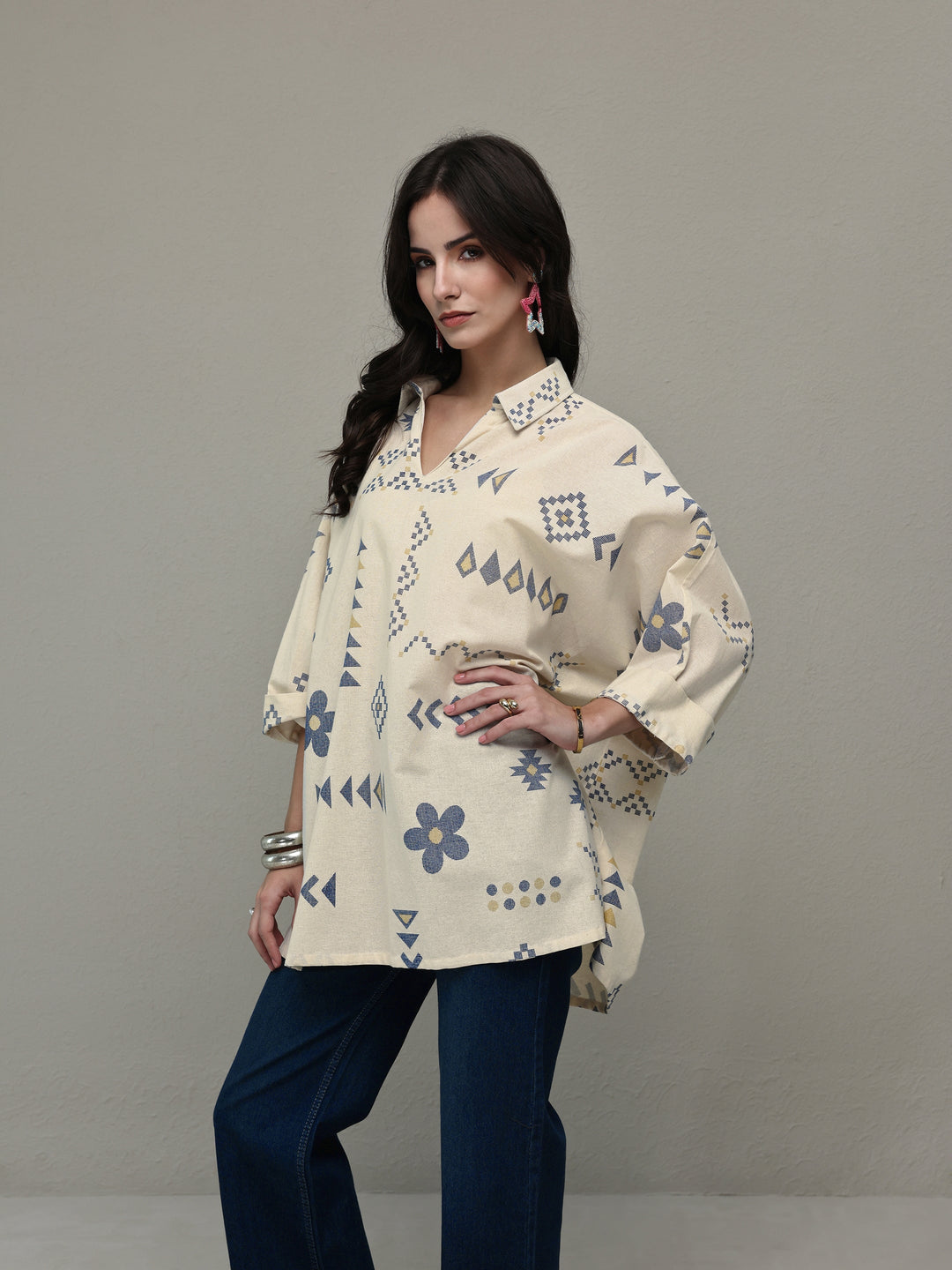  Off White Tribal Printed Cotton A-Line Short Kurti 