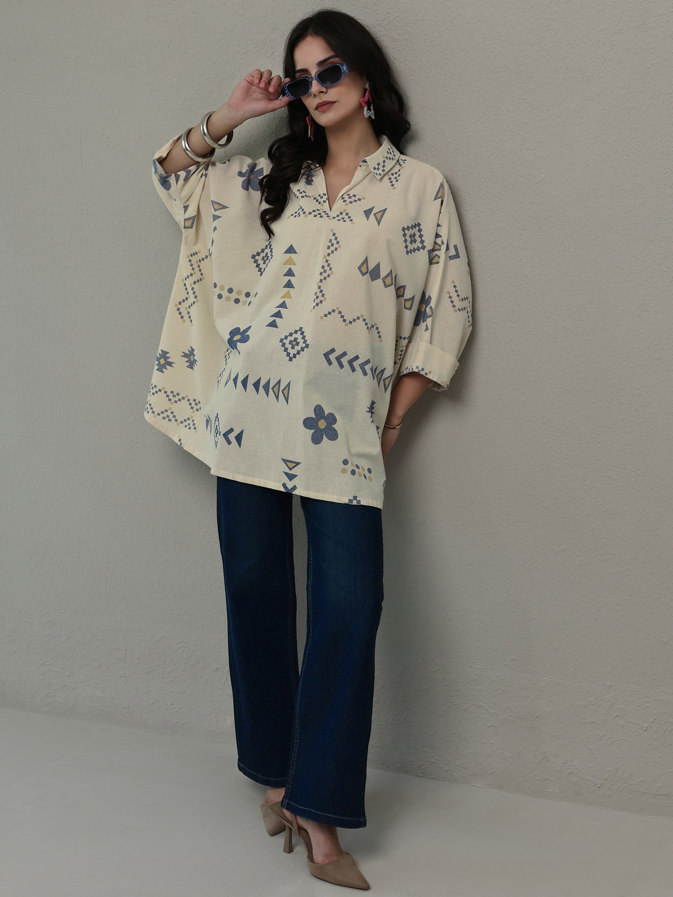 libas Off White Tribal Printed Cotton A-Line Short Kurti-picture-36
