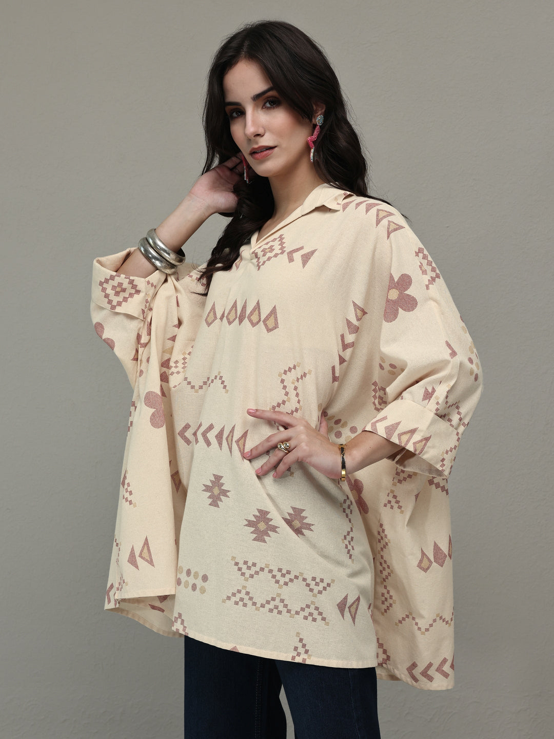  Off White Tribal Printed Cotton A-Line Short Kurti 
