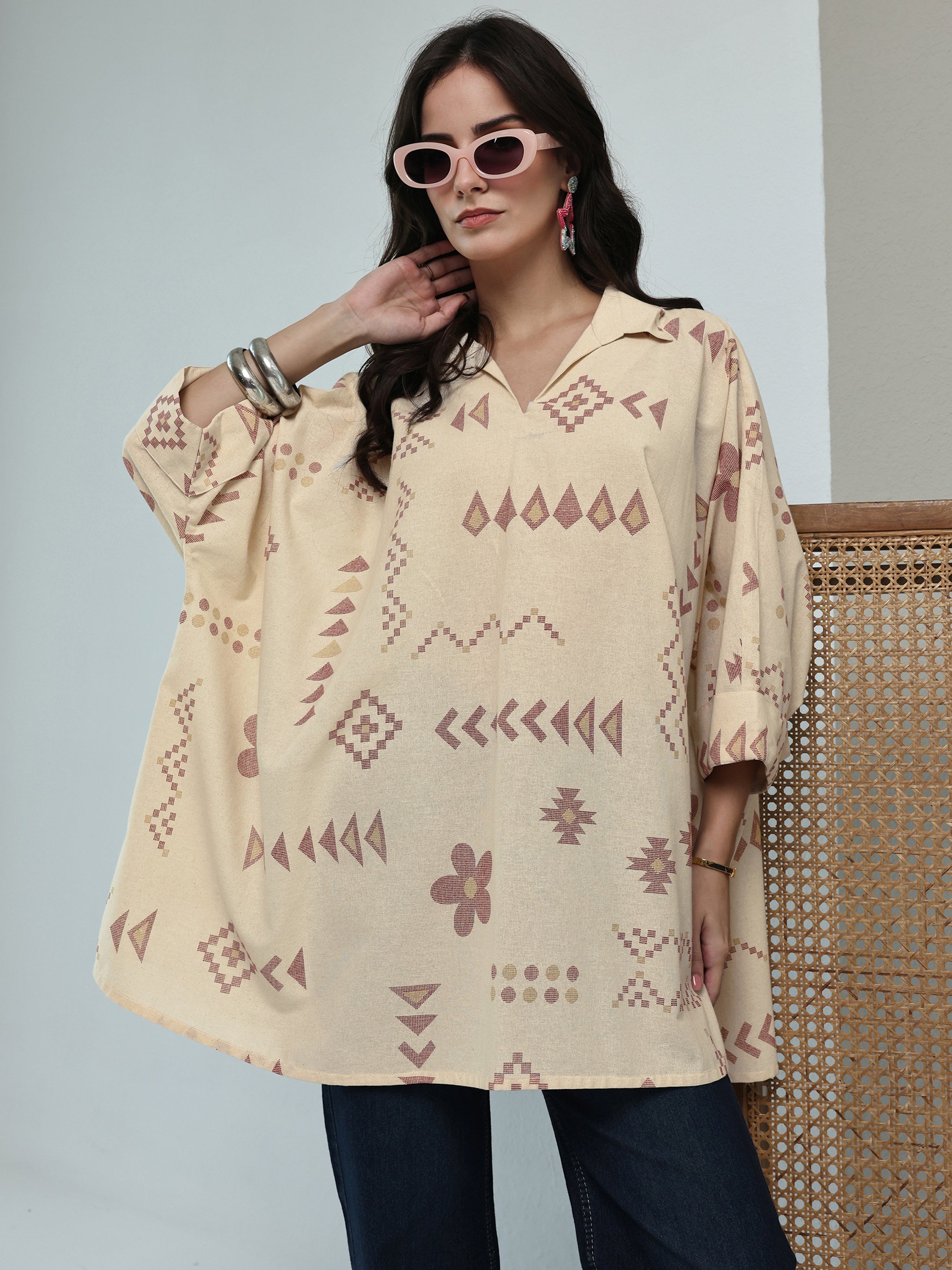 libas Off White Tribal Printed Cotton A-Line Short Kurti-picture-37