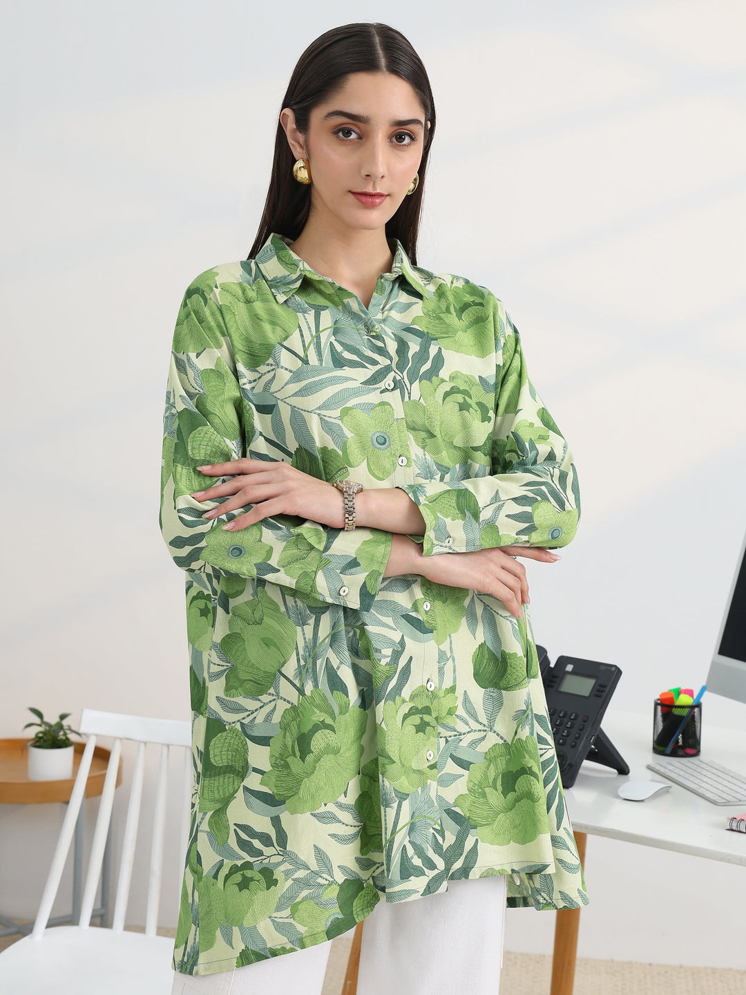  Green Printed Cotton Straight Shirt 