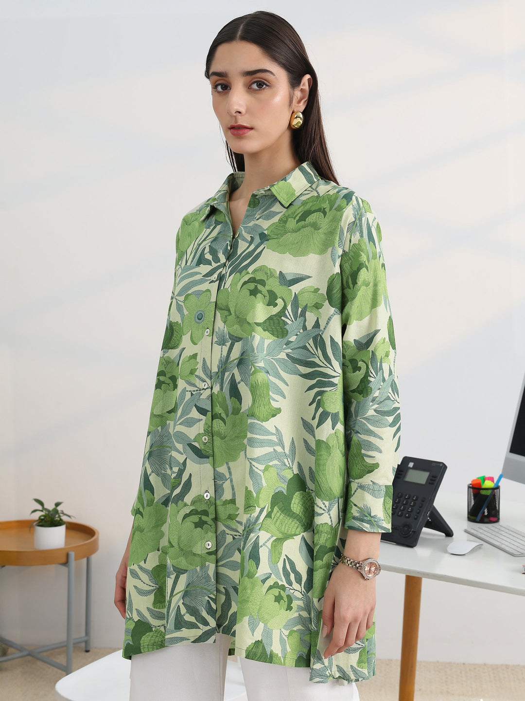  Green Printed Cotton Straight Shirt 
