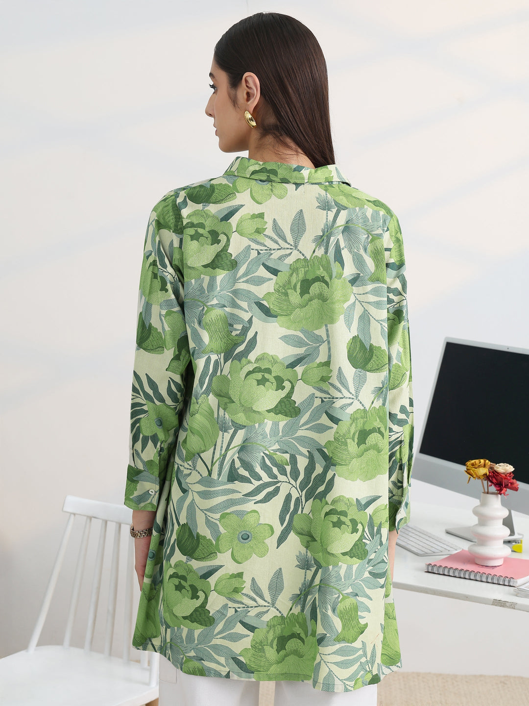 Green Printed Cotton Straight Shirt 