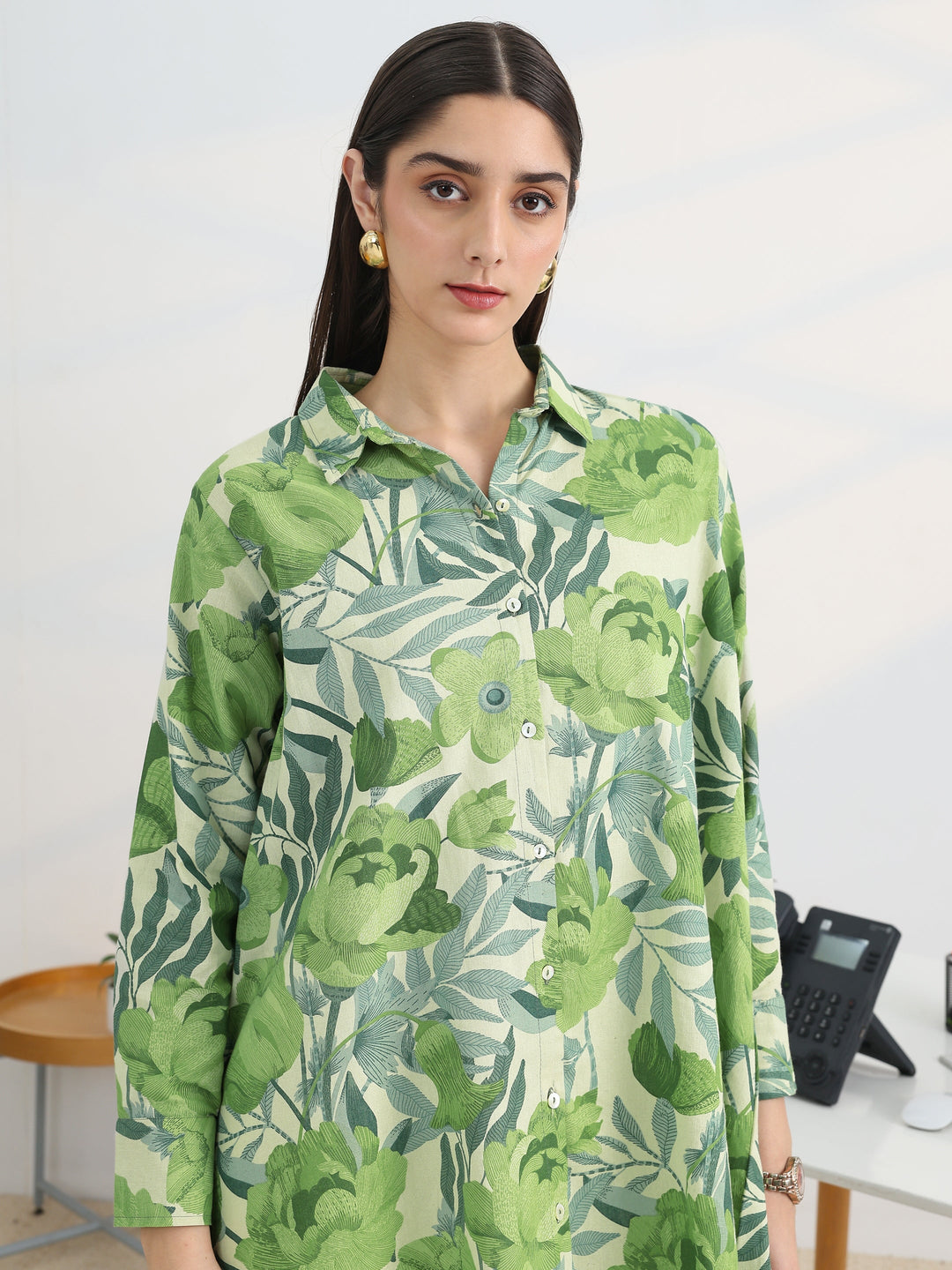  Green Printed Cotton Straight Shirt 