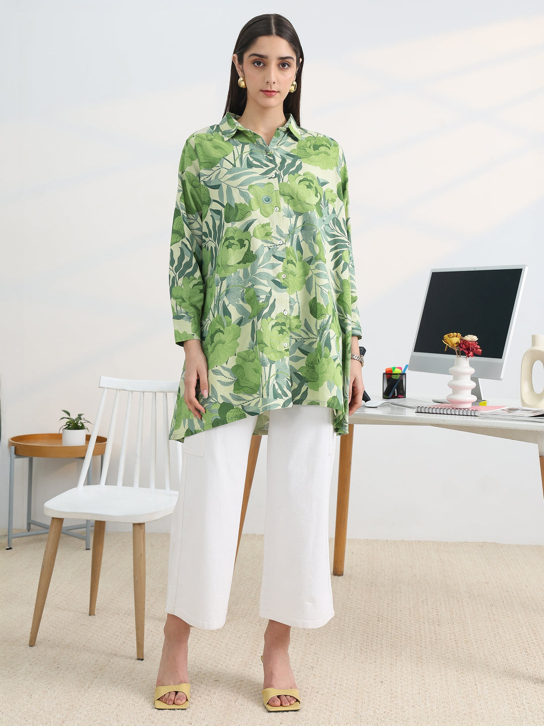  Green Printed Cotton Straight Shirt 
