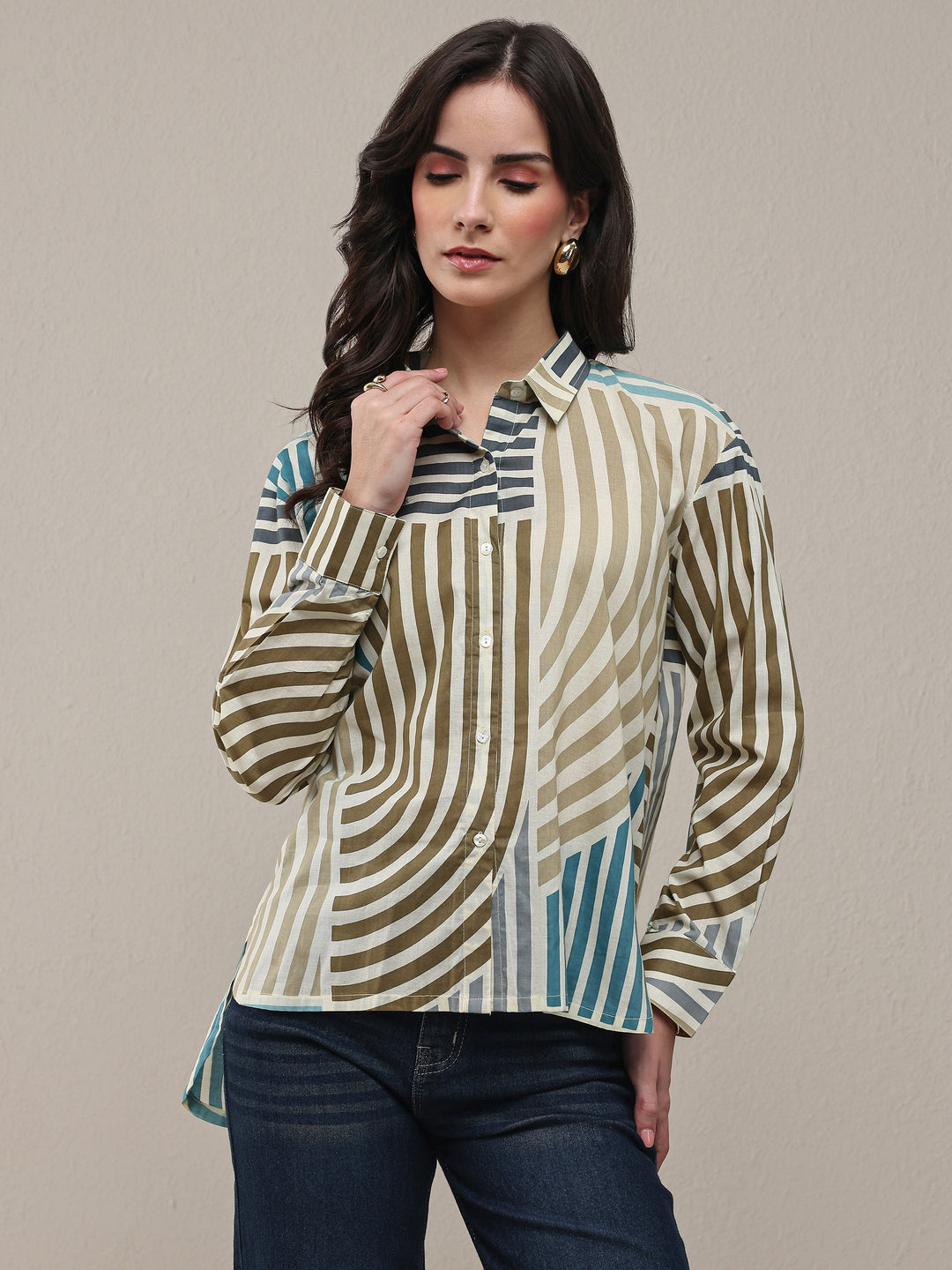  Multi Coloured Striped Printed Cotton Shirt 