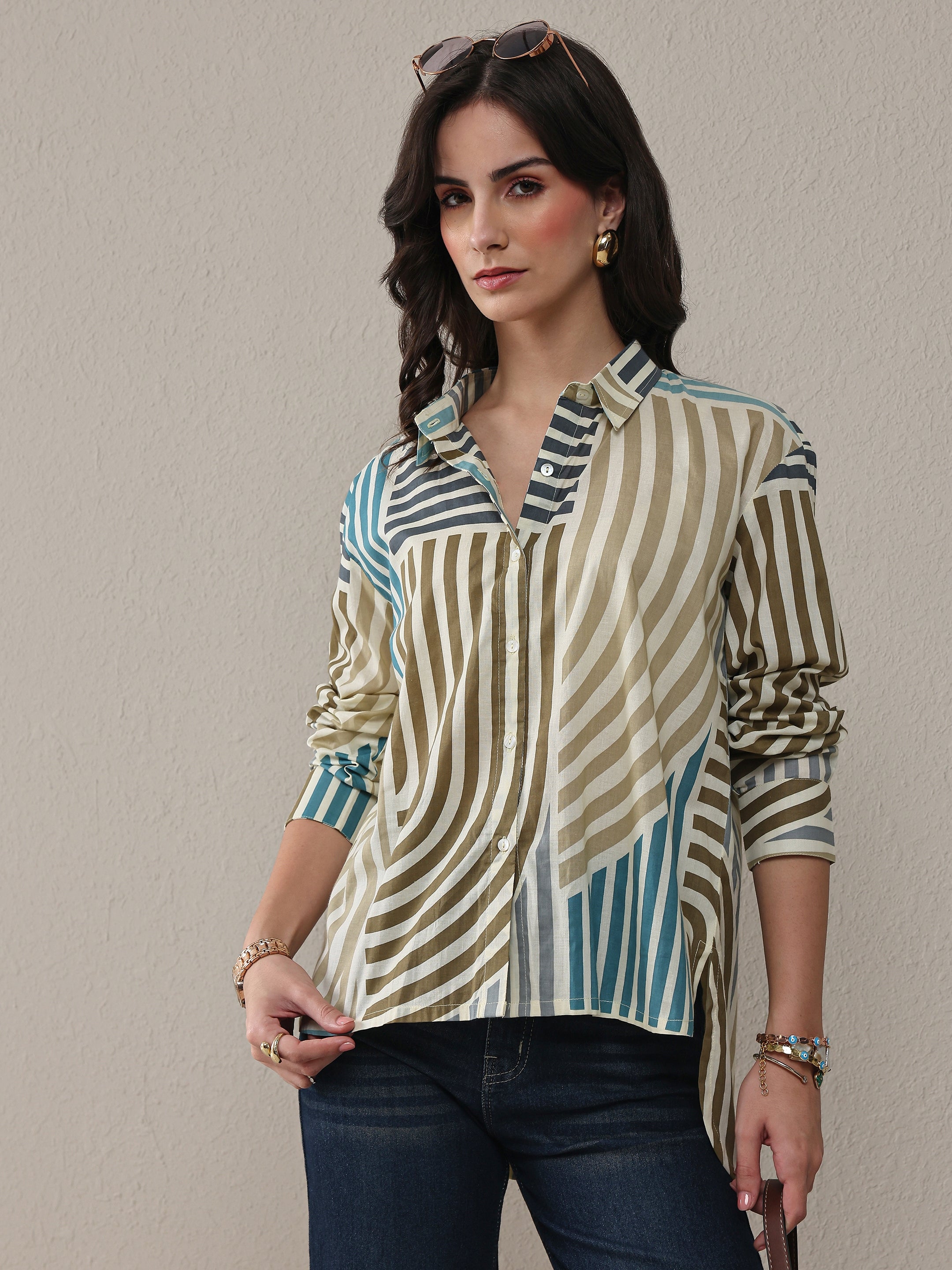 libas Multi Coloured Striped Printed Cotton Shirt-picture-10