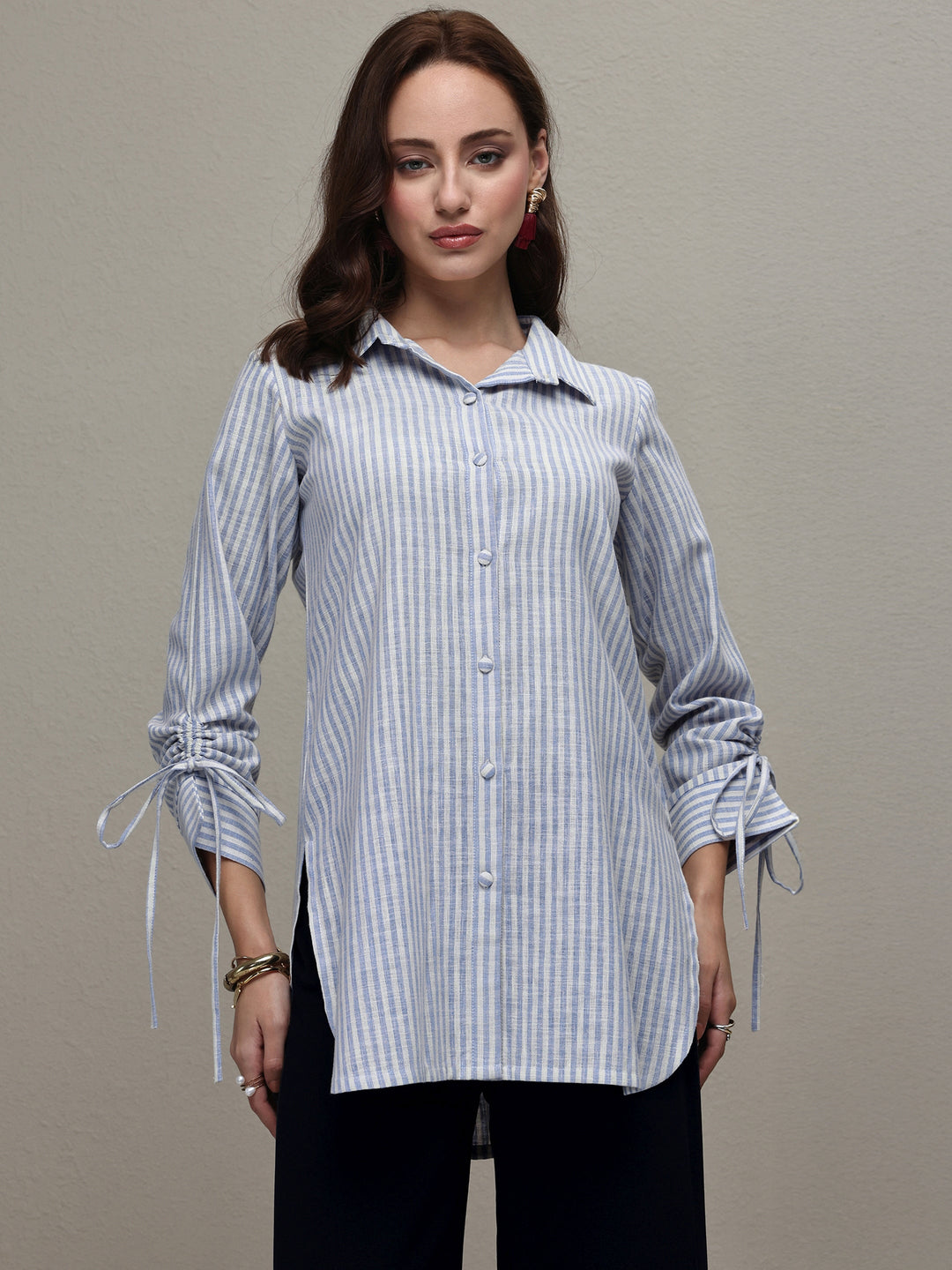  Blue Striped Printed Cotton Blend Shirt 