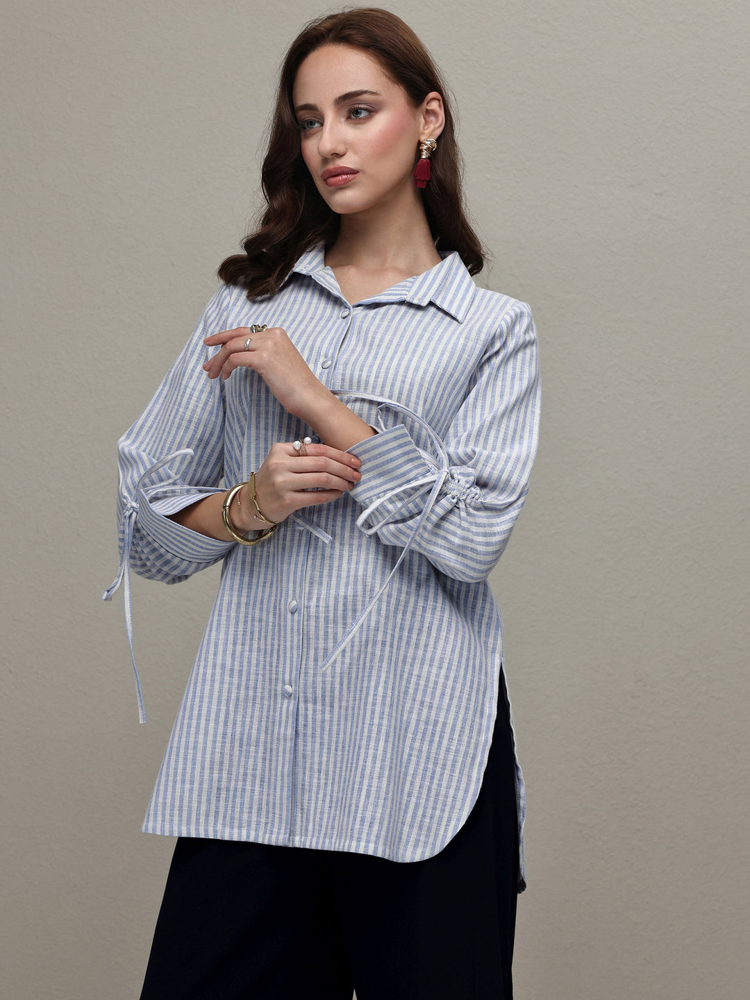  Blue Striped Printed Cotton Blend Shirt 