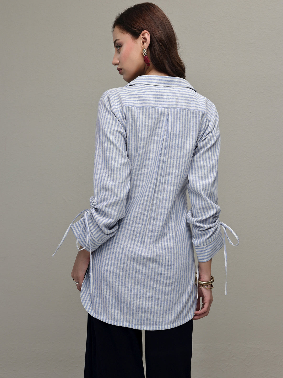  Blue Striped Printed Cotton Blend Shirt 