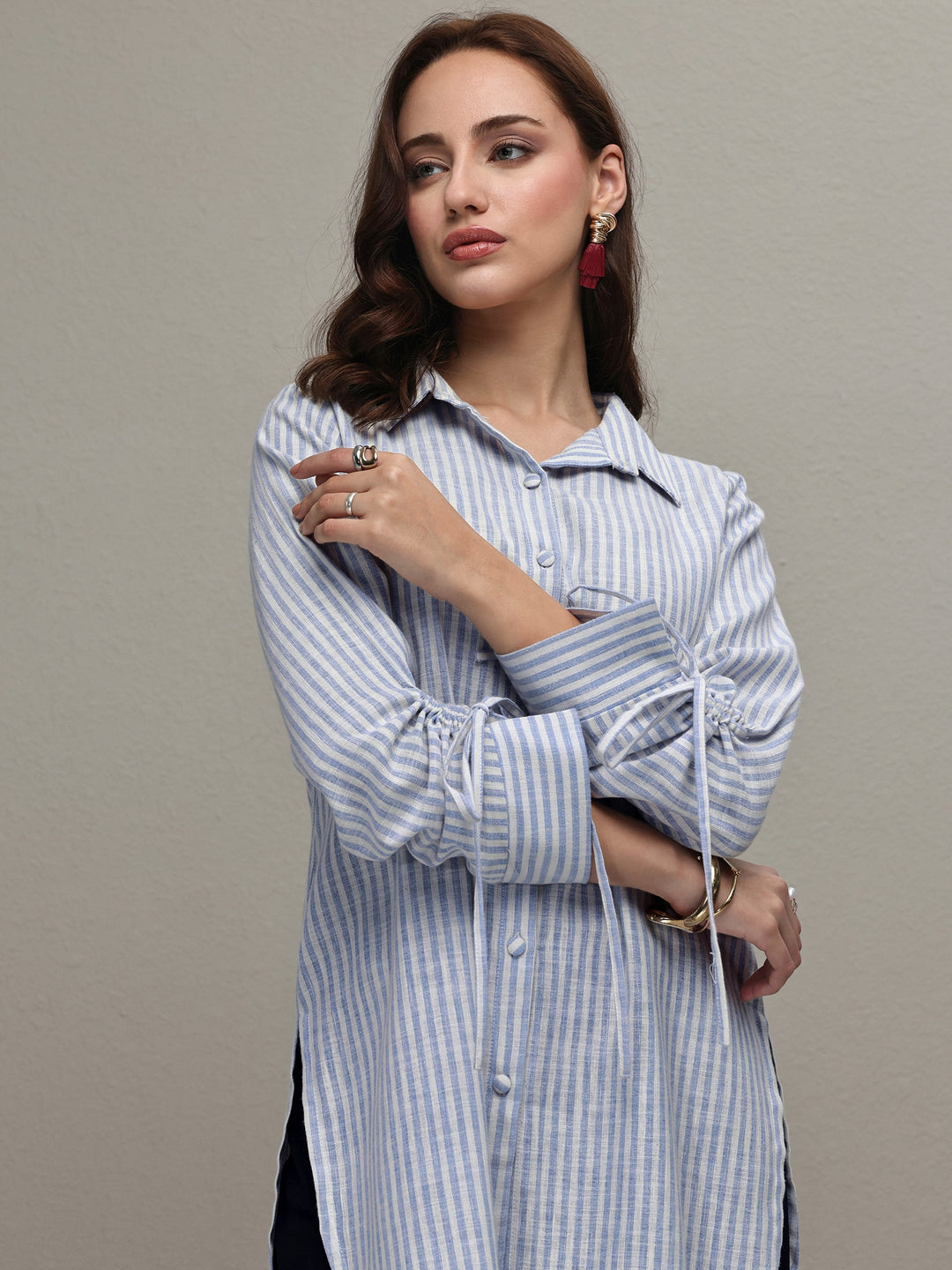  Blue Striped Printed Cotton Blend Shirt 
