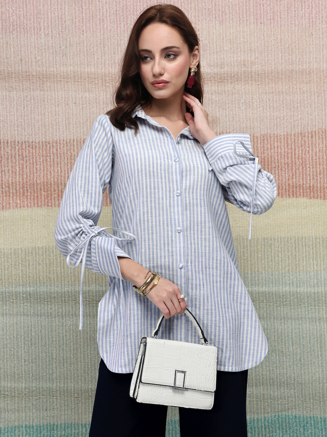  Blue Striped Printed Cotton Blend Shirt 