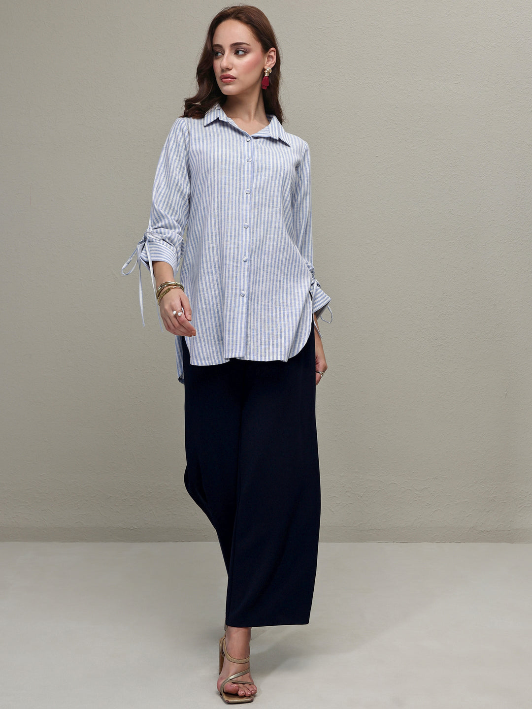  Blue Striped Printed Cotton Blend Shirt 