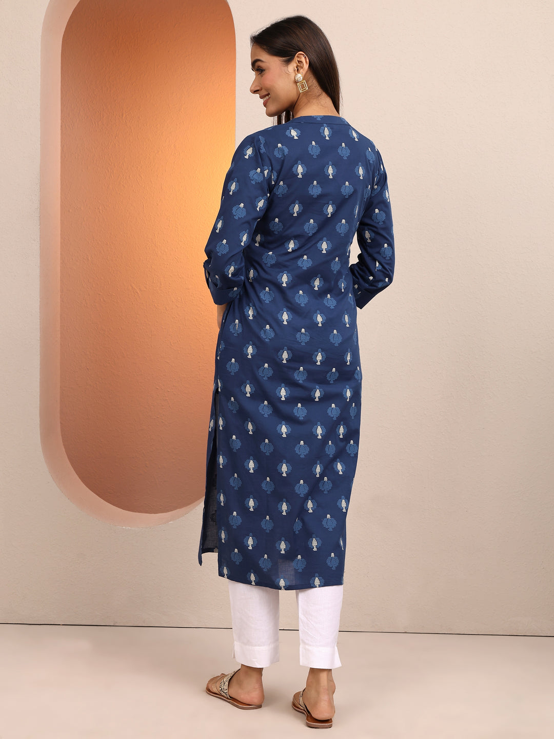  Blue Printed Cotton Straight Kurta 