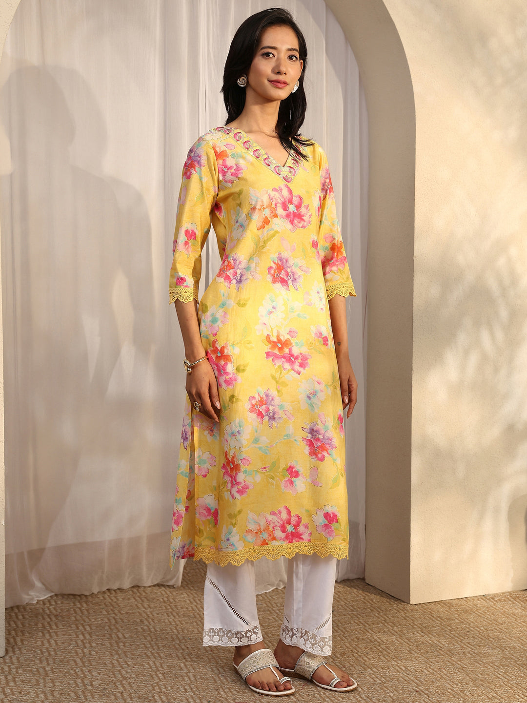  Yellow Printed Silk Blend Straight Kurta 