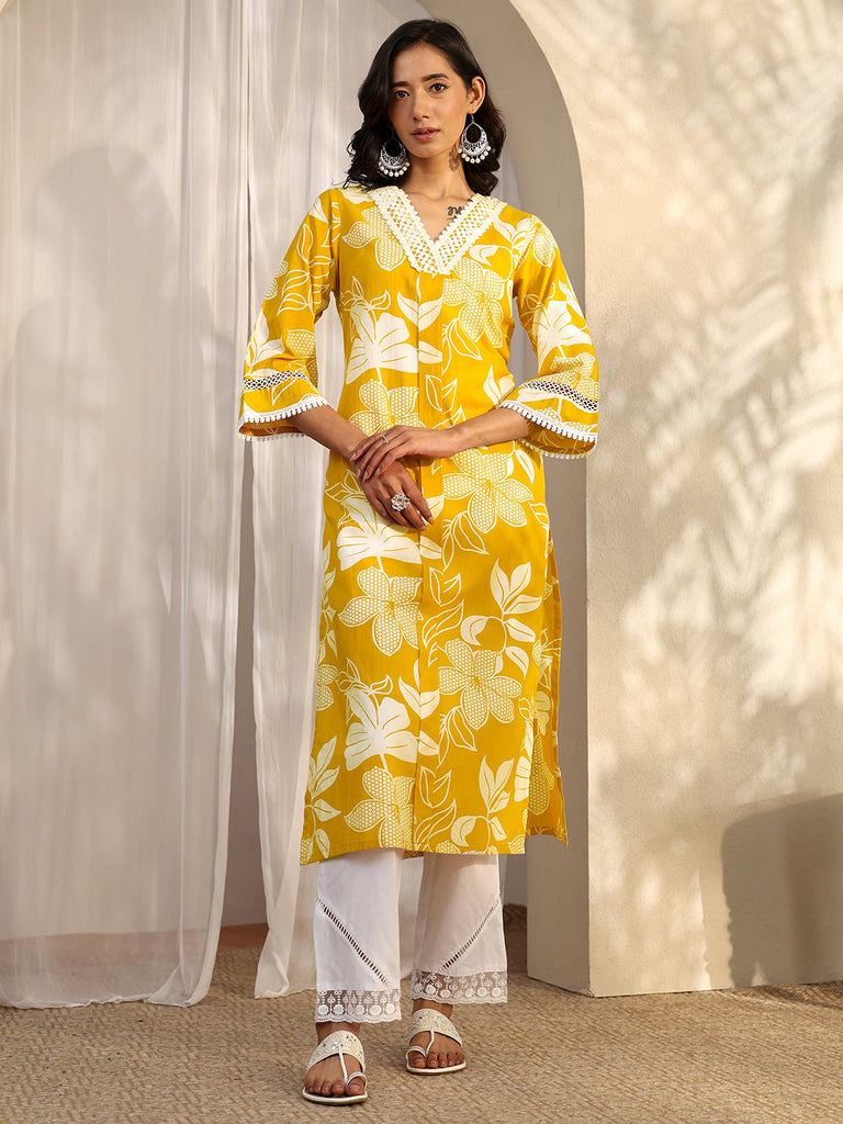 Libas Mustard Printed Cotton Straight Kurta