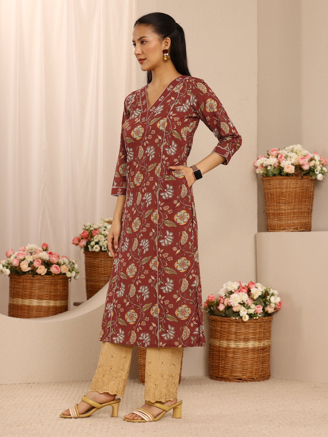  Brown Floral Printed Cotton Straight Kurta 