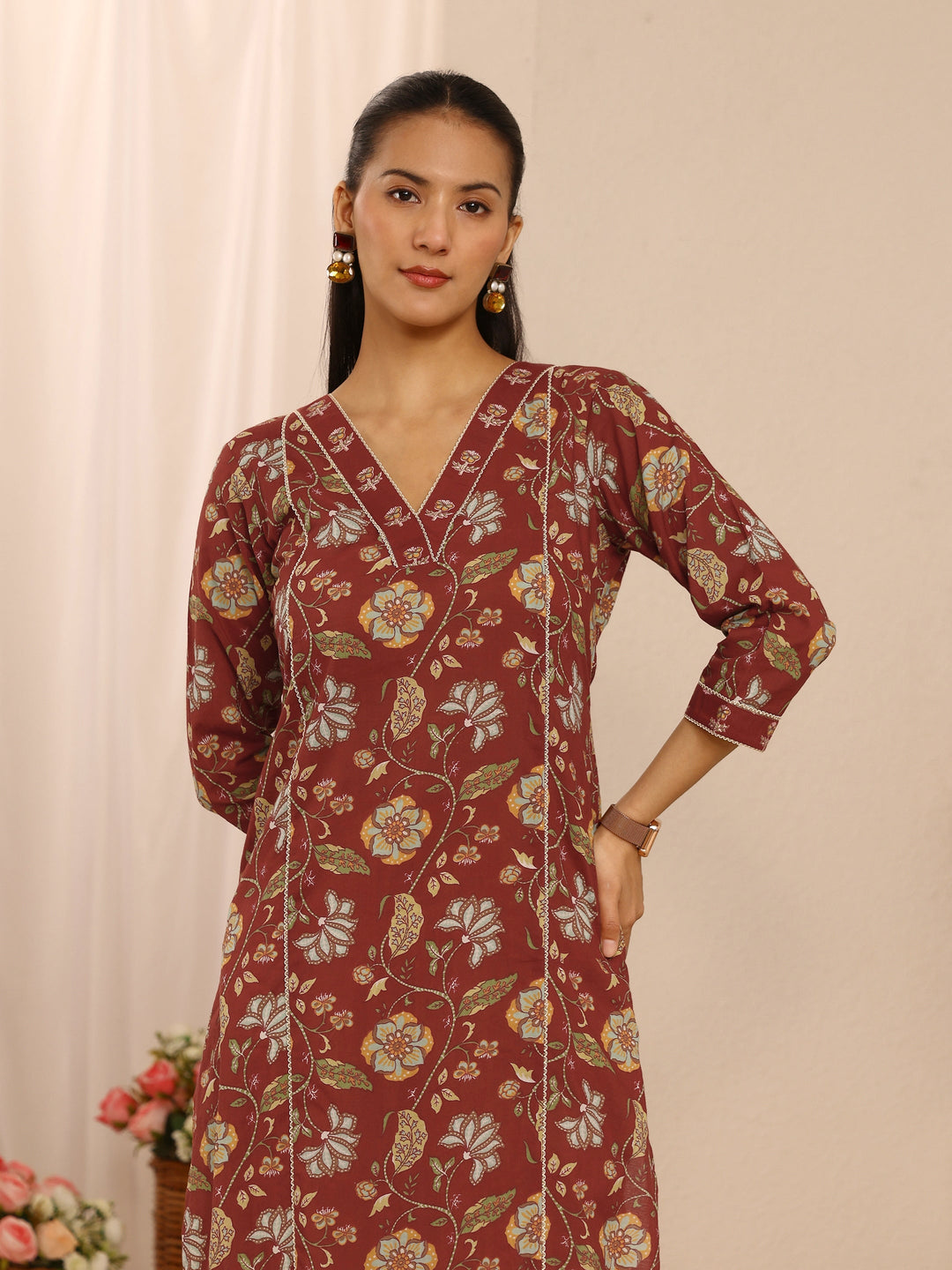  Brown Floral Printed Cotton Straight Kurta 