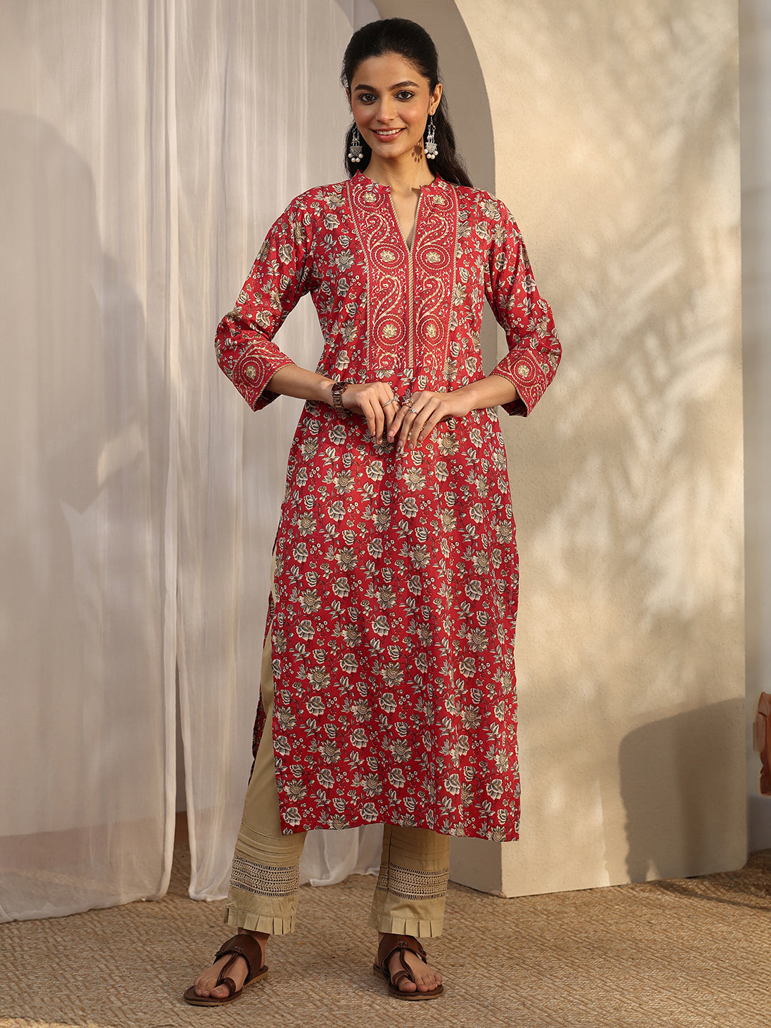 Red Printed Cotton Straight Kurta 