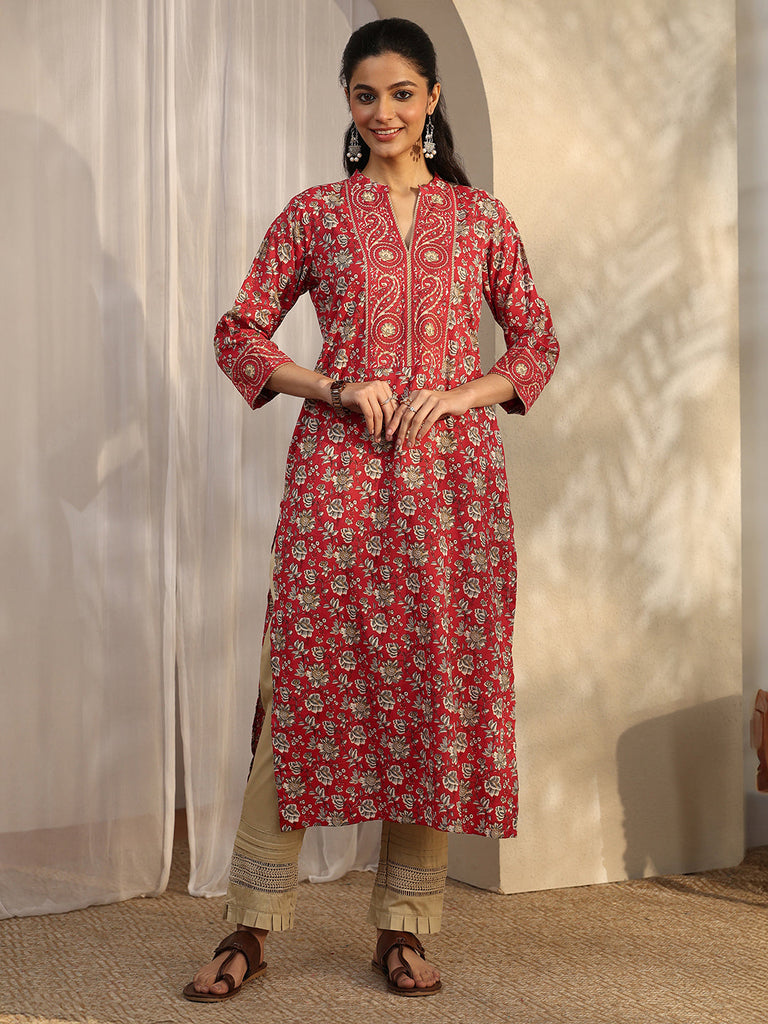 Libas Red Printed Cotton Straight Kurta