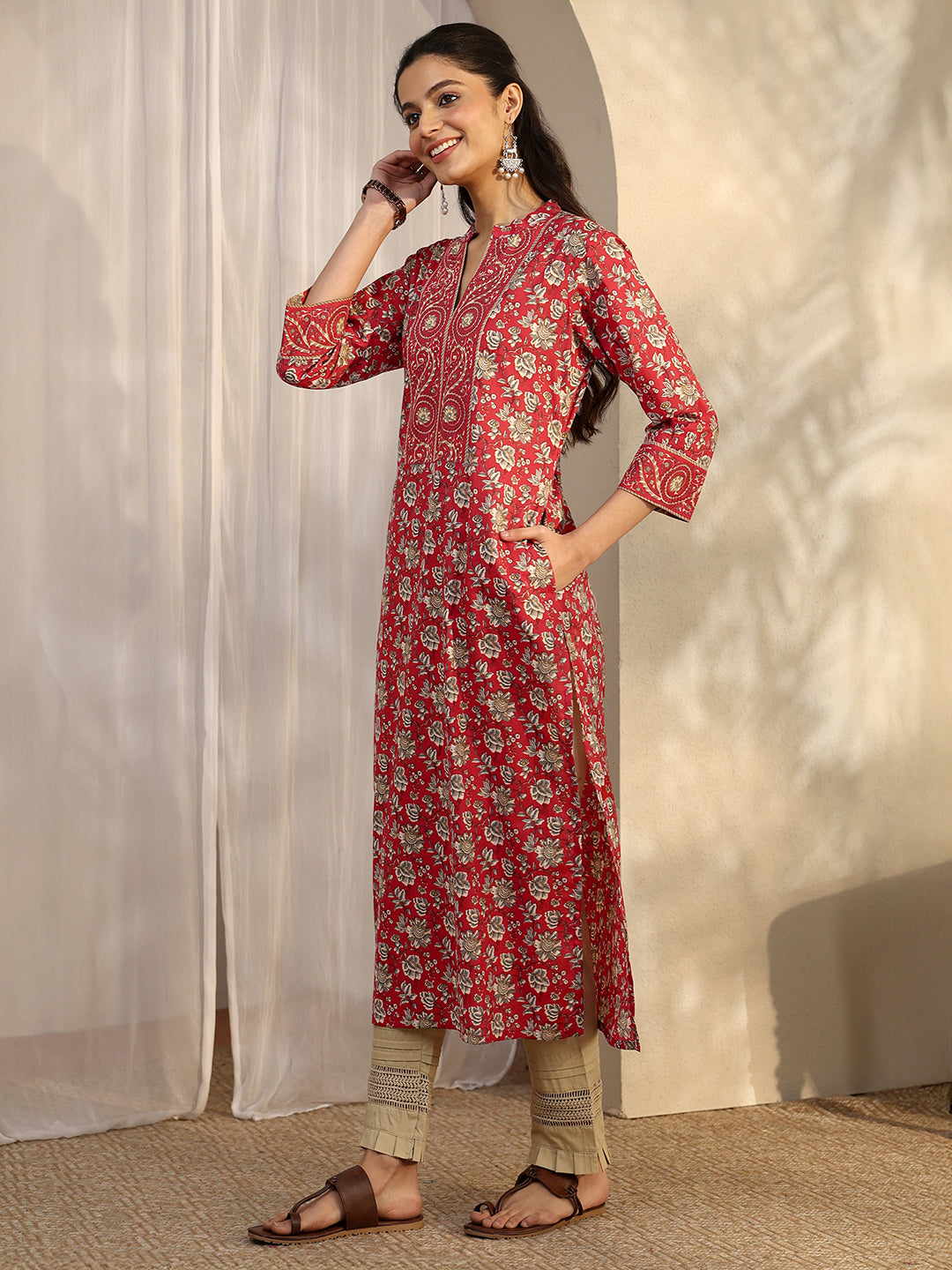  Red Printed Cotton Straight Kurta 