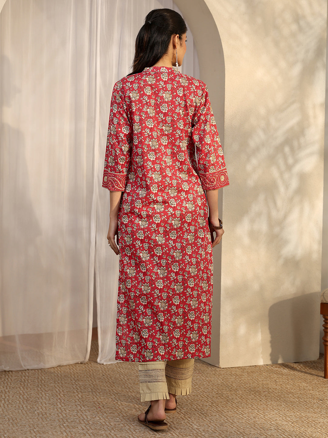  Red Printed Cotton Straight Kurta 
