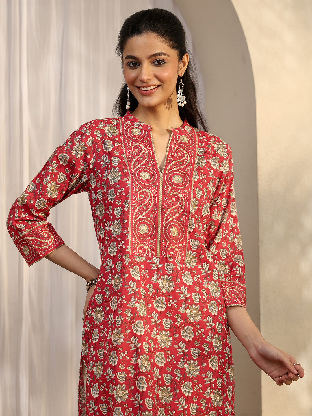  Red Printed Cotton Straight Kurta 