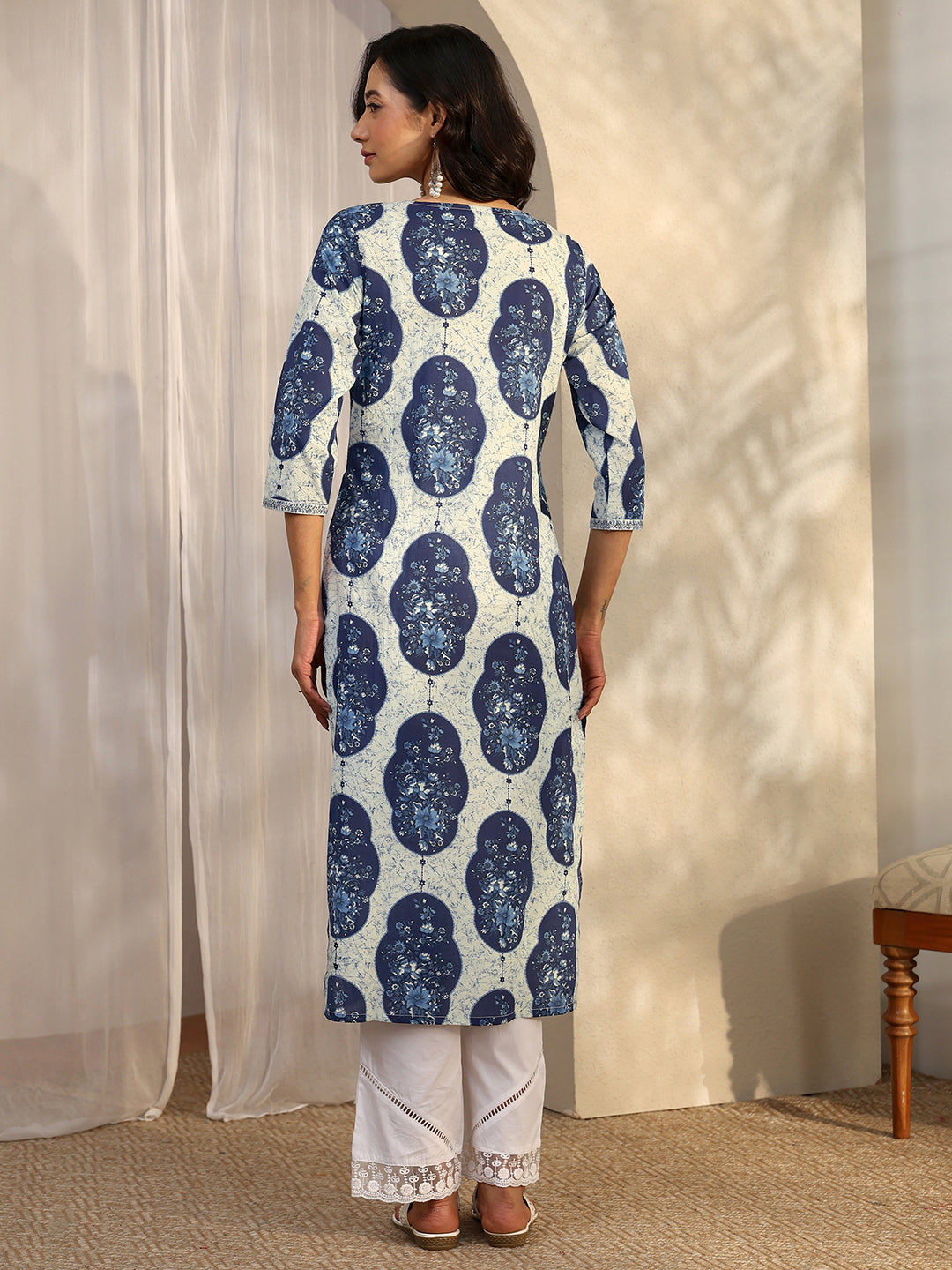  Blue Printed Cotton Straight Kurta 