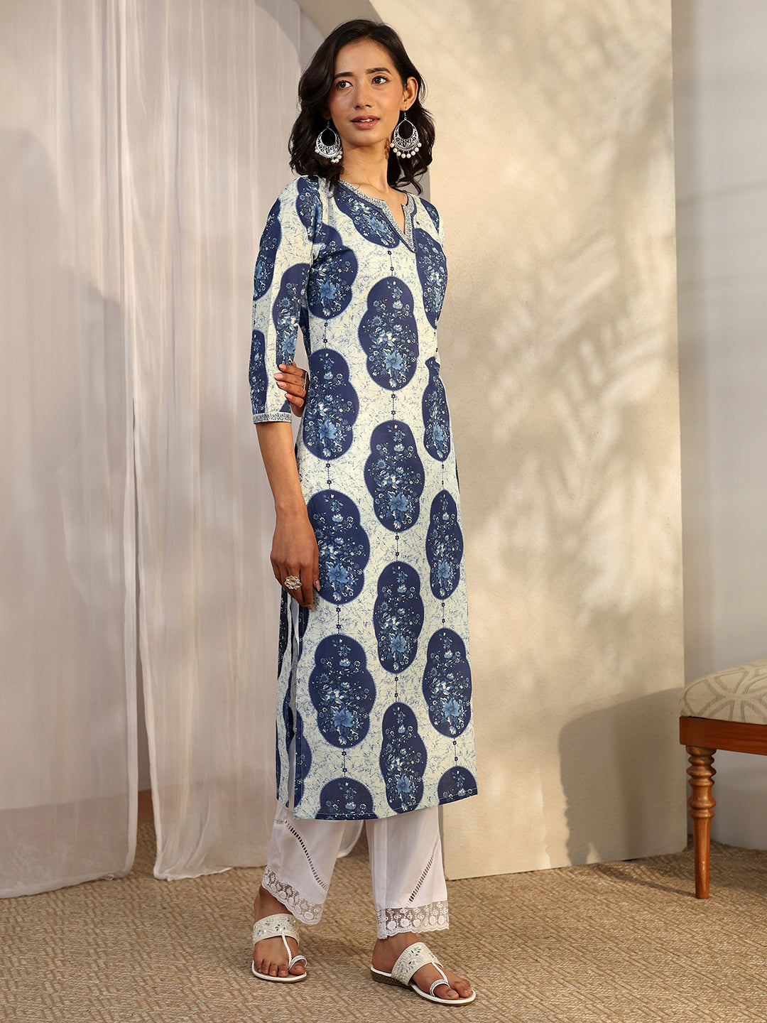  Blue Printed Cotton Straight Kurta 