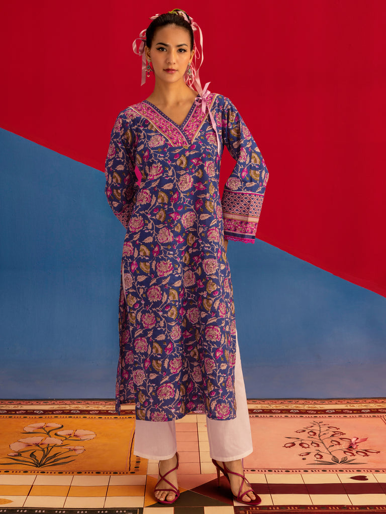 Libas Phoebe Blue Printed Cotton Straight Kurta