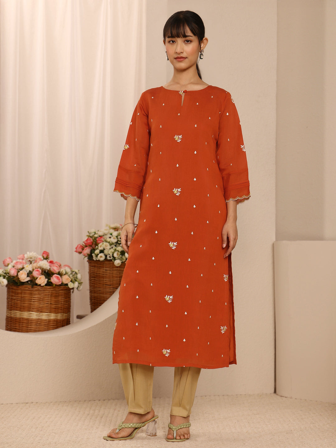  Orange Floral Embroidered Chanderi Cotton Straight Kurta 