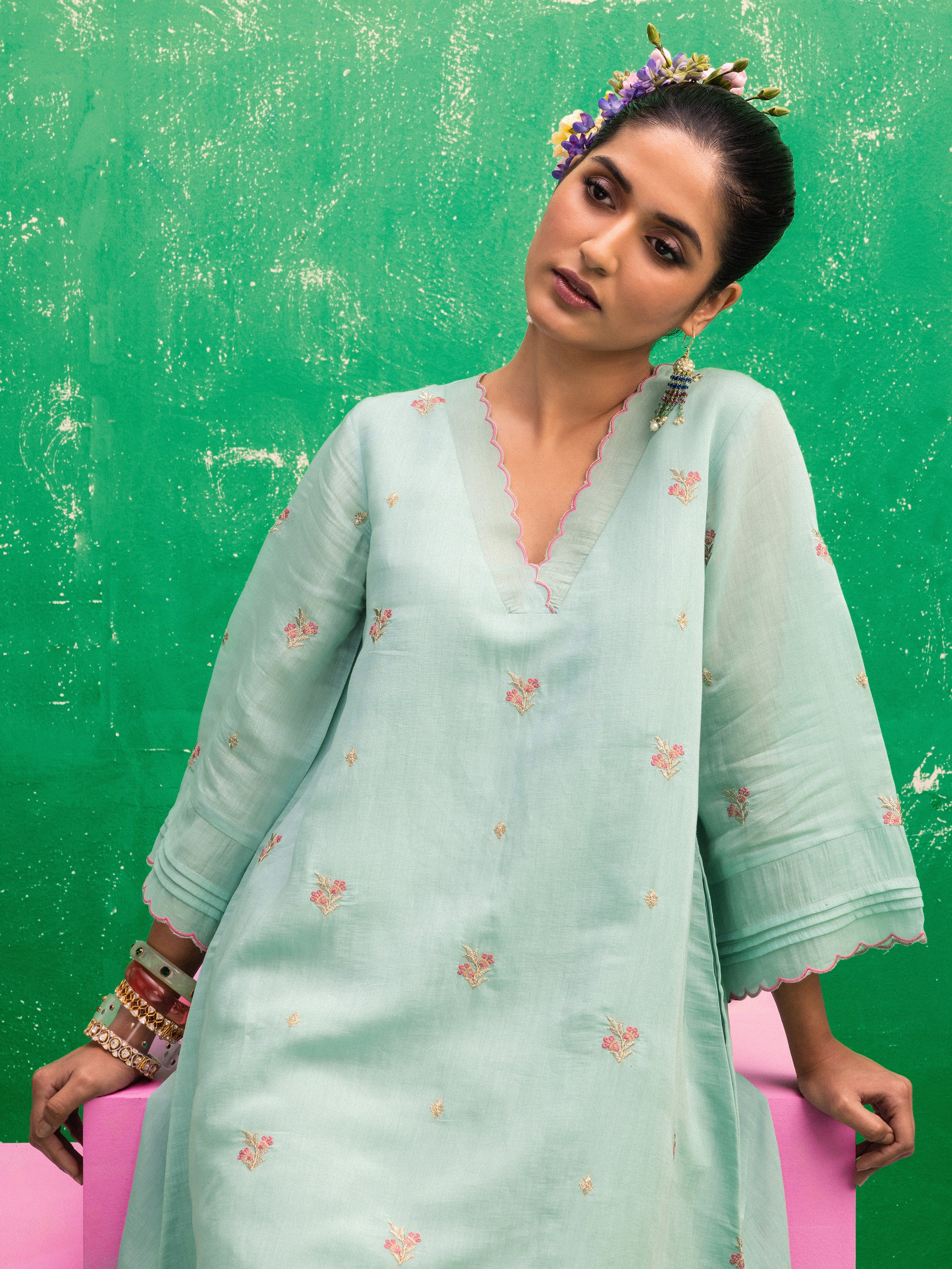 Libas Gianna Blue Embroidered Chanderi Cotton A-Line Kurta-image-37