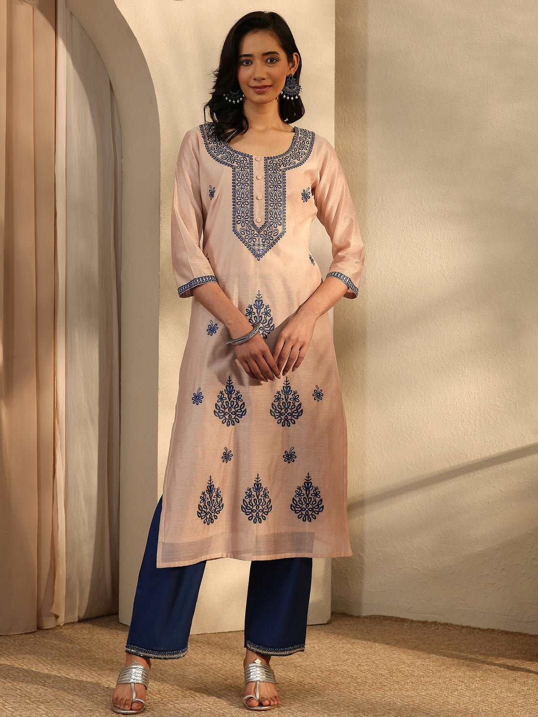  Beige Embroidered Chanderi Silk Straight Kurta 