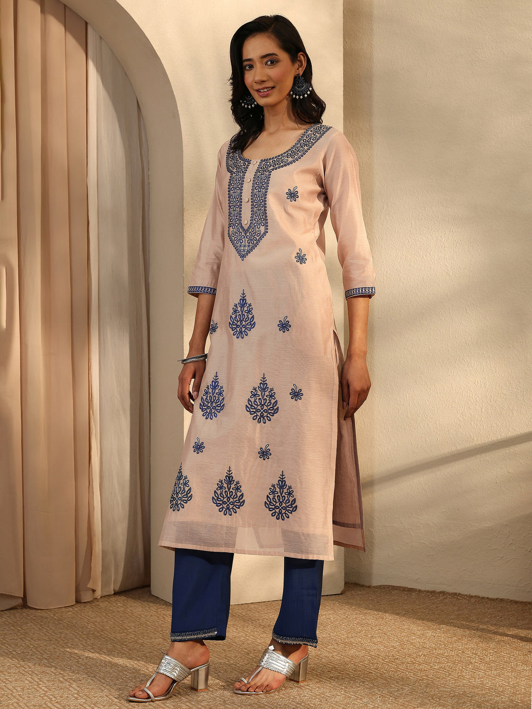  Beige Embroidered Chanderi Silk Straight Kurta 