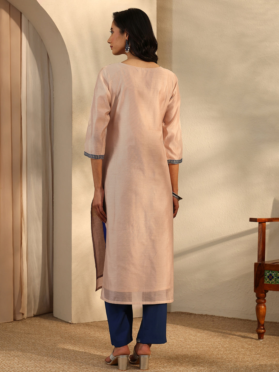  Beige Embroidered Chanderi Silk Straight Kurta 