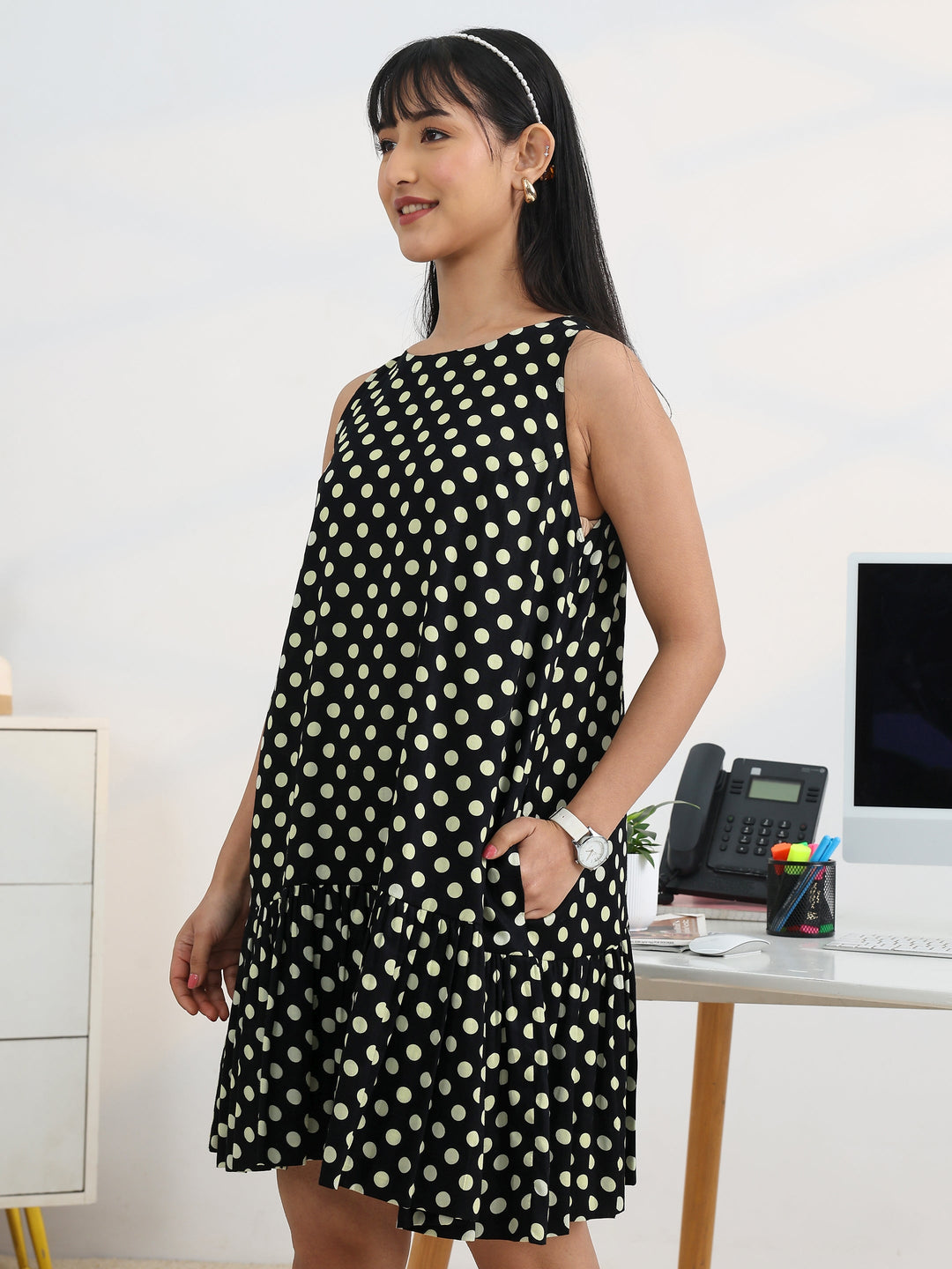  Black Polka Dots Printed Cotton A-line One Piece Dress 