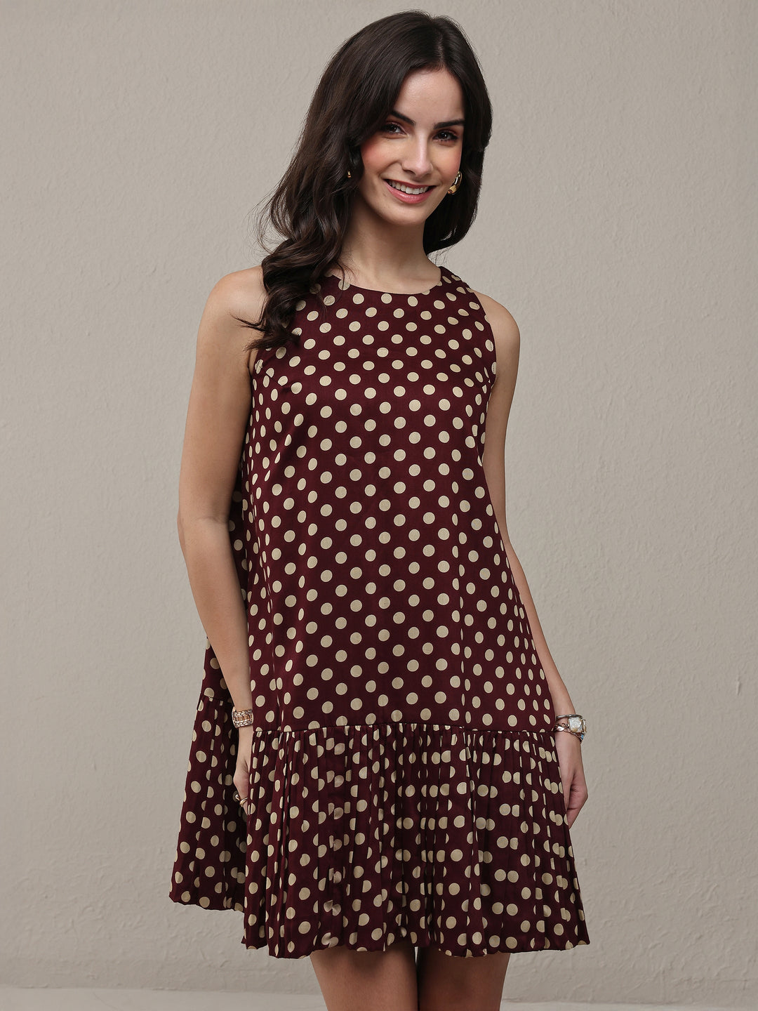  Brown Polka Dot Printed Cotton Drop Waist Dress 