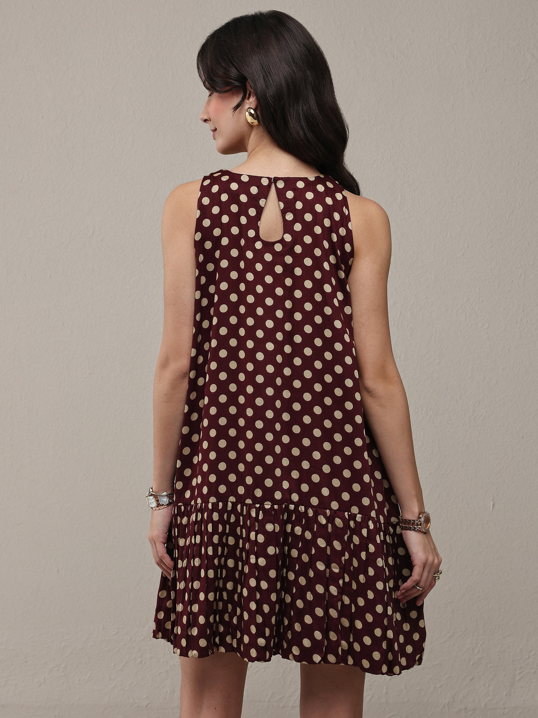  Brown Polka Dot Printed Cotton Drop Waist Dress 