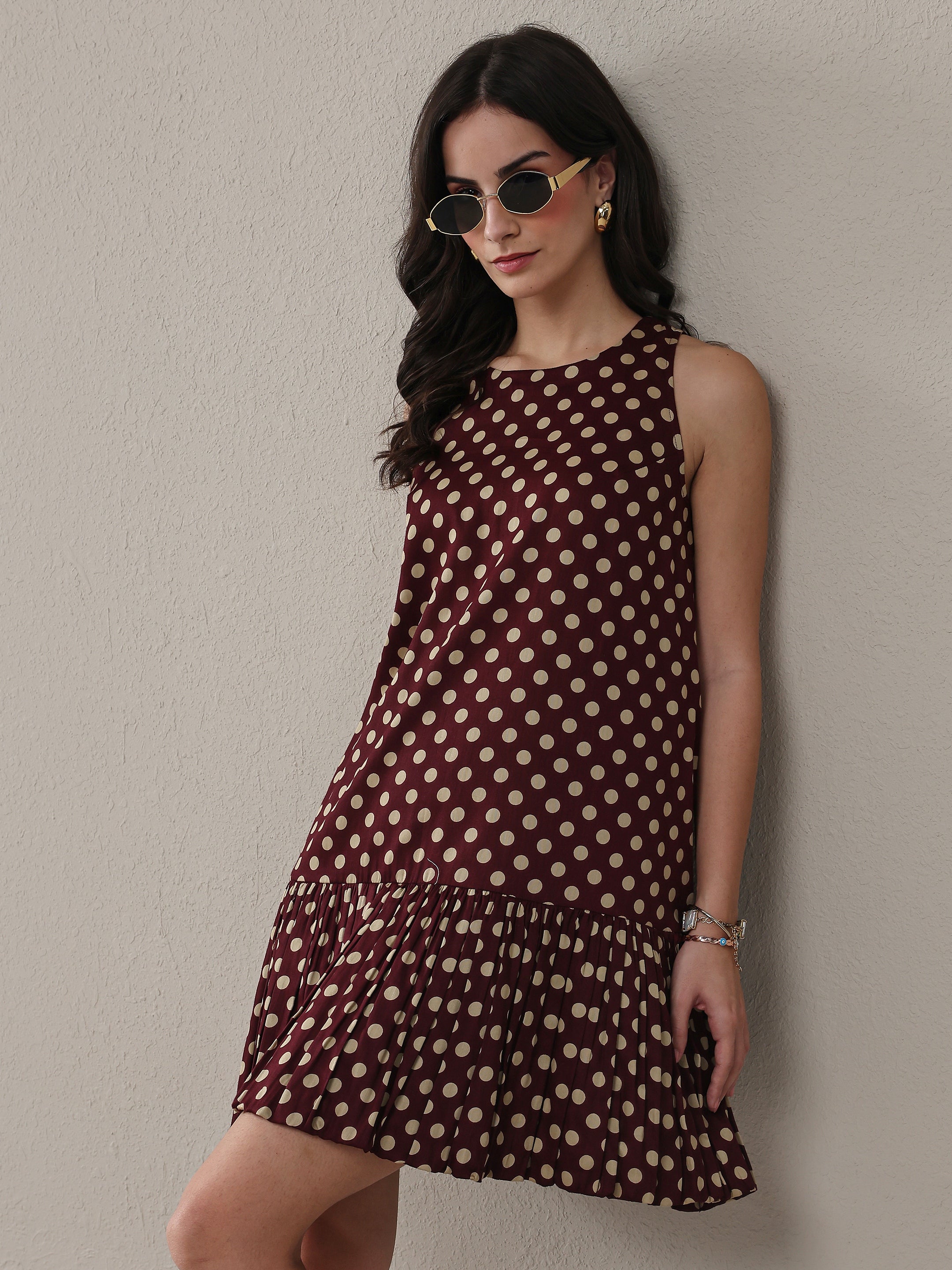 Libas Brown Polka Dot Printed Cotton Drop Waist Dress-picture-61