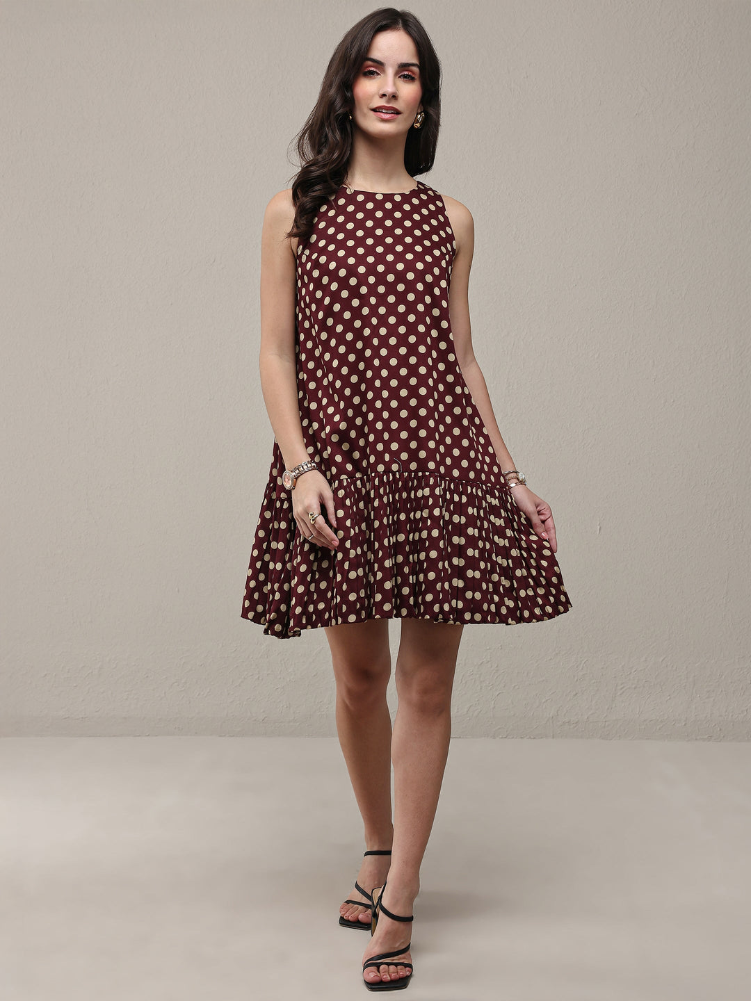  Brown Polka Dot Printed Cotton Drop Waist Dress 