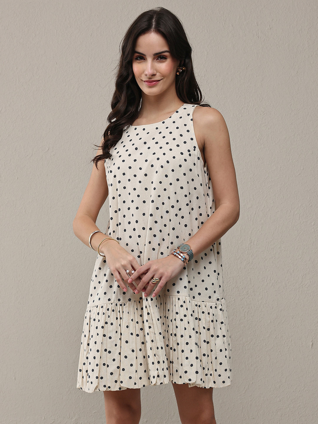  Off White Polka Dot Printed Cotton Drop Waist Dress 