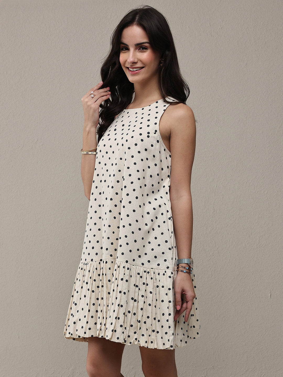  Off White Polka Dot Printed Cotton Drop Waist Dress 