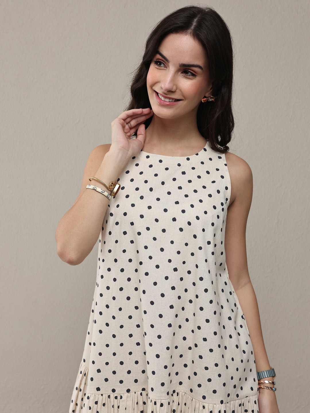  Off White Polka Dot Printed Cotton Drop Waist Dress 